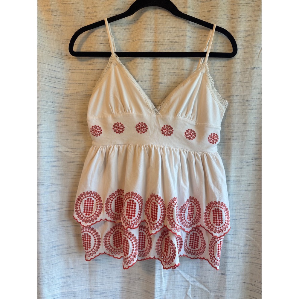 Moda International White Red Embroidered Tiered Babydoll Cami Top Womens Medium